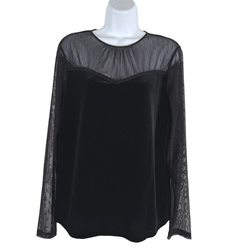 Lauren Ralph Lauren Velvet Top‎ Large Black Long Sleeve Mesh Witchy NWT TP-3512